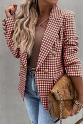 LIZAKOSHT  -  Houndstooth Collared Neck Double-Breasted Blazer
